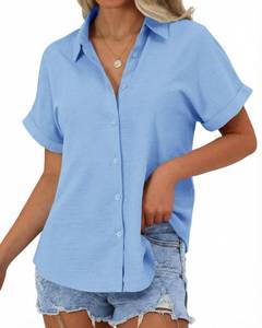 lot 81 image: JEKAOYI Womens Button Down Shirts, Cotton Short Sleeve Button Up Shirt Casual Spring Blouses Summer Vacation Tops Blue Large - Retail $15