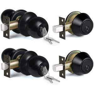 lot 86 image: BESTTEN 2 Pack Keyed Same Exterior Door Knobs and Single Cylinder Deadbolts Combo Set, Keyed Alike Entry Door Knobs with Locks and Keys for Entrance and Front Door, Matte Black - Retail $32