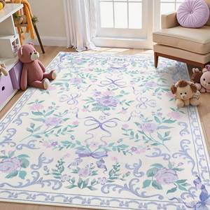 lot 91 image: Collive Purple Rugs for Bedroom Girls, 4x6 Boho Floral Washable Area Rug Non Slip, Soft Indoor Decor Elegant Carpet for Kids Room Nursery Living Room Dining Room (Purple 4 x 6) - Retail $50