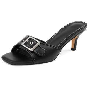 lot 105 image: PRE OWNED Lovee Cosee Black Kitten Heels for Women Square Open Toe Low Heel Mule Heels for Women Slip On Buckle Strap Heeled Sandals Summer Comfortable Size 7 - Retail $43