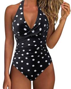 lot 107 image: SUUKSESS Women Sexy Tummy Control One Piece Swimsuits Halter Push Up Monokini Bathing Suits (Black White Polka Dots, L) - Retail $40