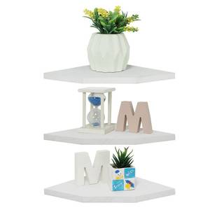 lot 114 image: Joiishom Corner Wall Shelf Set of 3, Floating Corner Shelves, Rustic Wood Wall Storage Display Shelves for Living Room Bedroom Bathroom Kitchen (Fanshaped-White) - Retail $1,310