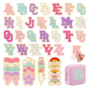 lot 115 image: 72 Pcs Preppy Chenille Patches Self Adhesive for DIY Clothing,Include 52 A-Z Chenille Letter Patches Stick on,20 Rainbow Flower Lighting Bowknot Embroidered Stickers Patches for Backpacks Bags Hats - Retail $22