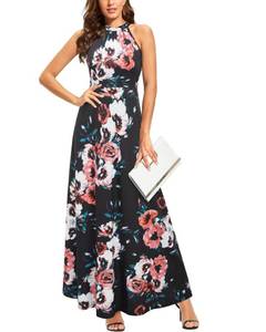 lot 133 image: STYLEWORD 2025 Fashion Womens Summer Boho Pink Floral Sleeveless Hawaiian Beach Maxi Long Halter Dress Trendy(Floral07,M) - Retail $34