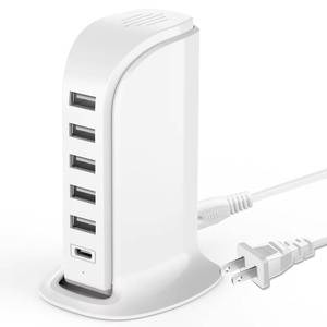 lot 134 image: USB Charging Station for Multiple Devices, 5 USB Ports  1 Type C Multiport Charger Tower, Compatible with Smartphones, Tablets and Other Devices - Retail $10