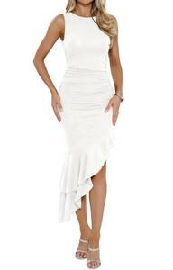 lot 141 image: oten Womens Sexy Bodycon Ruched Layered Ruffle Hem Mesh High Slit Formal Events Cocktail Party Engagement Maxi Dresses White Small - Retail $37