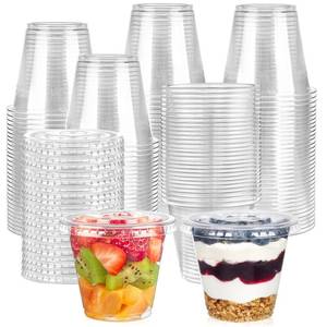 lot 143 image: Jycnolm 100 Sets, 9 oz Clear Plastic Fruit Cups with Lid No Hole, Disposable Plastic Cups with Lids for Yogurt, Parfait, Pudding, Dessert, Cake, Ice Cream, Snack Cup Party Supplies - Retail $17