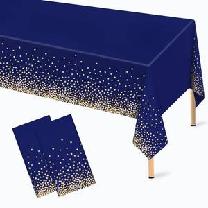 lot 145 image: 2 Pcs Navy Blue and Gold Plastic Tablecloth for Rectangle Table, 54 � 108 inches Disposable Gold Dot Dark Blue Party Table Covers for Anniversary, Wedding, Fine Dining, Graduation Party Decoration - Retail $7