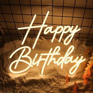 lot 150 image: Happy Birthday Neon Sign for Wall Decor, Dimmable LED Happy Birthday Light Up Sign, Happy Birthday Sign for All Birthday Party Decoration Backdrop and Any Ages Bday Celebration, Warm White - Retail $27