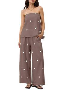 lot 152 image: MSBESYOR Women 2 Piece Polka Dot Tube Top Set Strapless Bandeau Blouse Wide Leg Spot Print Pants Outfits Summer Lounge Sets - Retail $40