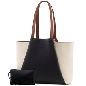lot 153 image: LOVEVOOK Laptop Tote for Women - 15.6 Inch Faux Leather Laptop Bag with Clutch, Large Capacity Office Purse Computer Briefcase for Casual Business Travel, Beige & Black - Retail $46