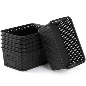 lot 161 image: Plastic Storage Baskets 6 Pack Sturdy Storage Organizer Basket Woven Plastic Storage Bins for Shelves,Closet,Countertops, Desktops, Cabinets and Badrooms,Saving Storage, Stylish Design,Black - Retail $25