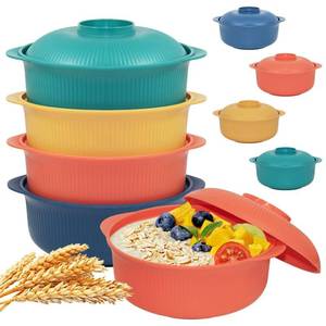 lot 165 image: Oylnidea 4pcs Unbreakable Cereal Bowls with Lids - Microwave & Dishwasher Safe BPA-Free Plastic Striped Pot Bowls for Family, Students, Camping - Non-Slip, Eco Wheat Straw Soup Bowls (40oz) - Retail $17