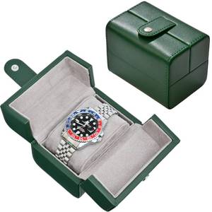 lot 169 image: Missing Cushion Single Watch Travel Case - Dual-Flap PU Leather Box with Velvet Lining  Protective Storage for Men & Women (Green) - Retail $24