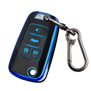 lot 171 image: QBUC for Chevy Key Fob Cover with Keychain Soft TPU Compatible with 2010-2019 Chevy Equinox Malibu Impala Cruze Sonic Camaro 4-Buttons (Black with Blue Trim) - Retail $10