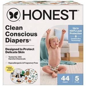 lot 174 image: The Honest Company Comfort Dry Disposable Daytime Diapers for Sensitive Skin, Hypoallergenic, Fragrance-Free, Fall 25 Seasonal Prints, Club Box, Size 5 (27 lbs), 44 Count - Retail $24