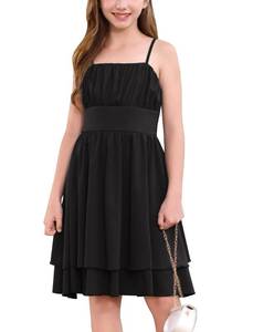 lot 179 image: ODIZLI Girls Summer Dresses Spaghetti Straps Smocked Ruched Double Layered Ruffle A-line Dress Cute Birthday Party Tween Girls Trendy Dresses Graduation Dress Kids Black 15-16 Years - Retail $35