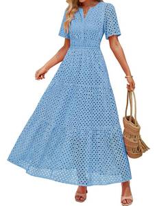 lot 180 image: ZESICA Summer Dresses for Women 2026 Casual V Neck Short Sleeve Eyelet A Line Beach Vacation Long Maxi Dresses Sky XX-Large - Retail $53