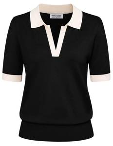 lot 186 image: Kate Kasin Women Short Sleeve Polo Sweater Tops Lightweight Summer V Neck Color Block Soft Knit Pullover Shirt Black S - Retail $20