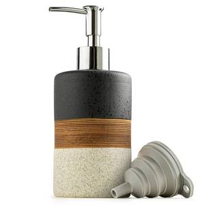 lot 187 image: Cormomu Dish Soap Dispenser Set with Silicone Funnel, Hand Soap, Shampoo, Body Wash, Ceramic Liquid Soap Dispenser for Kitchen and Bathroom Countertops, Stainless Steel Pump, Non Slip, 12 Oz, Black - Retail $20