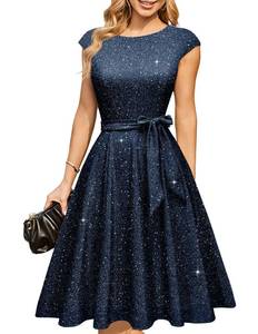 lot 196 image: DRESSTELLS Women Sequin Formal Party Cocktail Dresses for Wedding Guest, Sparkly Fancy Aline Prom Tea Length Fit Flare Evening Gown Glitter Navy Blue L - Retail $44