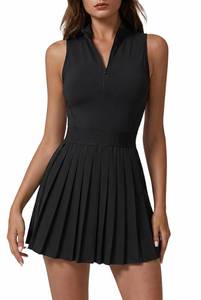 lot 198 image: QINSEN Pleated Workout Dress for Women Zip Front Cutout Back Sleeveless Summer 2 Pieces Athletic Dress Black S - Retail $46