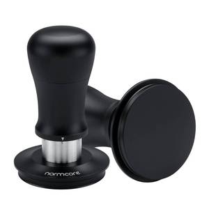 lot 221 image: Normcore 58.5mm Coffee Tamper V5, Spring-loaded Espresso Tamper with 6 Adjustable Pressure Settings, Tri-Spring Technology, Titanium-Coated Flat Base, Aluminum Handle and Silcone Stand, Black - Retail $80