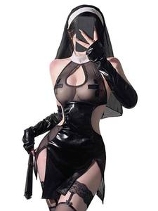 lot 224 image: KJSUHFN Sexy Nun Costume for Women - Gothic Anime Lingerie Cosplay Outfit with High Slit Headpiece, Halloween Maid Dress for Roleplay (Black, One Size) - Retail $13