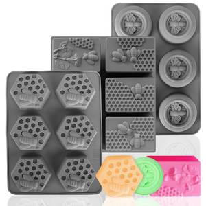 lot 237 image: Purple Mold Fuehbur 3 Pack Bee Soap Silicone Molds Set, Round  Rectangular  Hexagon Shape 6 Cavities Honeycomb Moulds, Wax Melts Beeswax - 3PCS - Retail $10