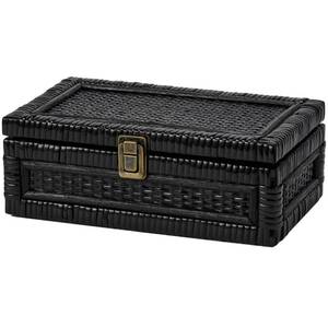 lot 249 image: VinneGenzz Rattan Box with Lid Decorative Natural Handmade Boho Rattan Baskets Woven Wicker Cane Bins Keepsake Memory Jewelry Boxes Rectangular Desk Shelf Closet Organizer Container (Black, Small) - Retail $30