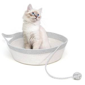 lot 250 image: WEAVELYRICS Cotton Rope Woven Cat Bed Basket, Hand Woven with Toy Tail, Small Dogs & Puppies Sleeping Bed, Indoor Cat & Rabbit Basket (Large, Gray & White) - Retail $22