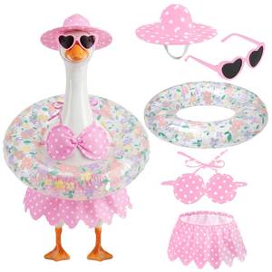 lot 948 image: MISSING SWIM FLOAT DECORATION hoyuwak Bikini Goose Outfits Summer Hawaiian Porch Goose Outfits with Swimming Ring Sunglasses Hat for 23 Porch Geese Outdoor Yard Decor, Pink - Retail $15