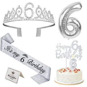 lot 953 image: 6th Birthday Decorations for Girls Silver with 6th Birthday Sash and Tiara, Cake Topper and Candle, Silver Number Balloon, 6 Year Old Gifts for Girls - Retail $16