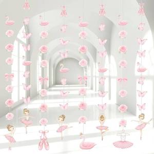 lot 957 image: THREE Pcs Ballerina Party Decorations Ballet Dancer Birthday Hanging Garlands Banner Pink Swan Rose Butterfly Paper Cutouts for Girls Wall Ceiling Decor Ballet Birthday Party Supplies - Retail $14