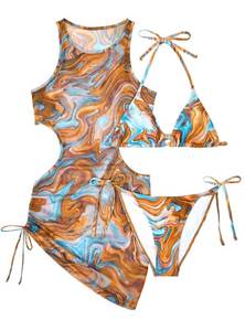 lot 963 image: Pinup Fashion 3 Piece Bikini Sets Women Brown Blue Marble Swimsuit with Cover Up Sexy Bathing Suit Set L - Retail $30