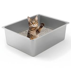 lot 967 image: Kirecoo Stainless Steel Cat Litter Box - Metal High Sided Cat Pan, Large Stainless Steel Box, Indoor Litter Tray, Non Stick, No Smell, Easy to Clean, Pet Toilet Supplies for Kitten, Kitty, Rabbit - Retail $20