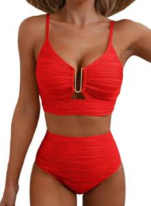 lot 968 image: Herseas Women Swimsuits 2 Piece U-Wired Push up Ribbed Ruched High Rise Bikini Sets Longline Modest Solid Tankini Swim Suit Modest Cruise Essentials 2026 Summer Red Large - Retail $36