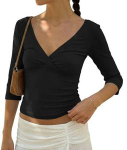 lot 974 image: BAIGRAM Womens 34 Half Sleeve Deep V Wrap Neck Ruched Crop Tops Open Back Tshirt Y2k Vintage Minimalist Slim Fit Tee Summer Black Large - Retail $20