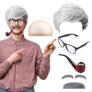 lot 976 image: craftshou 6 PCS Old Man Costume Kit Grandpa Costume Accessories Including Old Man Wig,Wig Cap,Glasses,Fake Beard,Faux Eyebrows for Grandpa Cosplay - Retail $13