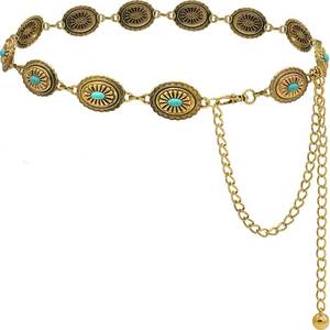 lot 980 image: Liutufy Womens Turquoise Concho Chain Belt Western Cowgirl Metal Waist Chain Belt for Dress (B Gold-XL) - Retail $15