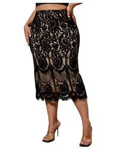 lot 988 image: SHENHE Womens Plus Size Floral Lace Skirt High Waist Business Work Casual Elegant Midi Skirt Black Large Plus - Retail $29