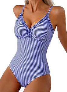 lot 991 image: Aleumdr 2026 Trendy Womens One Piece Swimsuit Ruffle Tummy Control Vintage Bathing Suit for Women Swim Suit Modest Push Up Swimwear Blue Striped Large - Retail $33