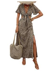 lot 995 image: OYOANGLE Womens Leopard Print Tie Front Deep V Neck Cut Out High Slit Short Sleeve Maxi Vacation Dress Khaki Large - Retail $42