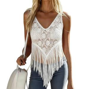 lot 996 image: Melliflo V Neck Fringe Lace Tops for Women Sexy Y2K Going Out Sleeveless Mesh Top Sheer Western Cowgirl Tank Cami Shirts L - Retail $20