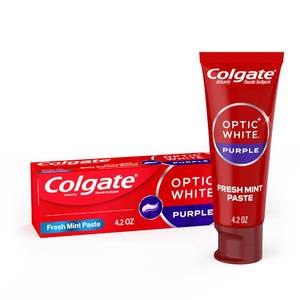 lot 2531 image: Colgate Optic White Purple Toothpaste for Teeth Whitening, Helps Remove Surface Stains and Polishes Teeth, Enamel-Safe Mint Paste, 4.2 oz - Retail $9