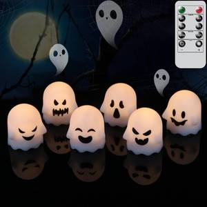lot 2532 image: Eldnacele Ghost Flickering Flameless Candles with Remote &amp Timer,Battery Operated Warm Light White Plastic LED Candles Set of 6 for Halloween Indoor Spooky Face Ambiance Decor(2 x 2 .4Inches) - Retail $13