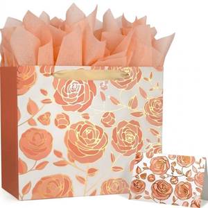 lot 2536 image: DecorWoo Rose Gold Large Gift Bag 13, Floral Gift Bag with Tissue Paper & Greeting Card, Elegant Birthday Gift Bags for Women, Bridal Shower, Mothers Day, Anniversary - Retail $8