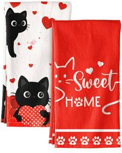 lot 2538 image: Miss Adola Valentine Day Kitchen Towels Set of 2 - Flour Sack Tea Towels with Hanging Loop 18x26 Inch Sweet Home Hand Dish Cloths Red Hearts Cats Absorbent Reusable Dishcloths Cute Valentine Decor - Retail $10
