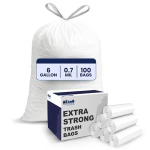 lot 2581 image: Plasticplace 6 Gallon Trash Bags White Drawstring Garbage Can Liners, 17 x 20, 100 Count, for Bathroom Kitchen Office Car Small Trash Bags, Leak-Proof & Tear-Resistant - Retail $13