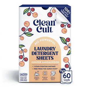 lot 2625 image: Cleancult Laundry Detergent Sheets - Resealable Box - 3 Stain Fighting Enzymes - Juniper Sandalwood - 60 Loads - Free of Harsh Chemicals - No Mess - No Plastic Waste - Retail $14